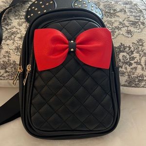 Minnie inspired crossbody quilted faux leather studded purse black red bow